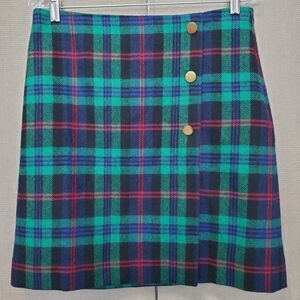Talbots Petite Wool Blend Tartan Plaid A-Line Skirt w/Button Detail Size 8P